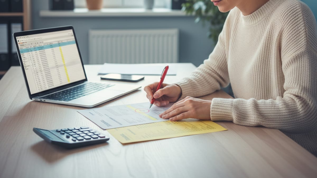 An accounts payable clerk circling a quantity discrepancy on a vendor invoice with a red pen