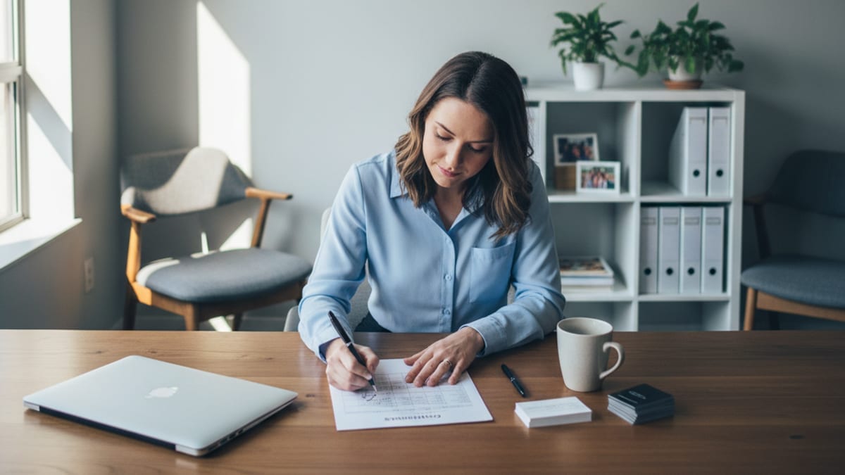 A store owner at her desk circling a name on a printed list of orders and abandoned carts