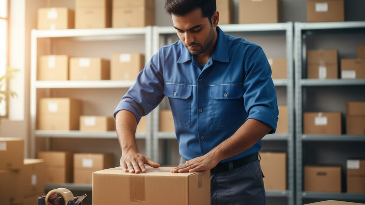 A warehouse worker taping shut a packed parcel ready to ship after a recovered order
