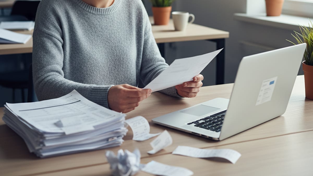 A desk covered in printed vendor invoices next to a laptop open to a crowded email inbox