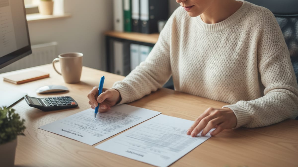 A finance team member holding a printed invoice next to a purchase order, checking that the two match