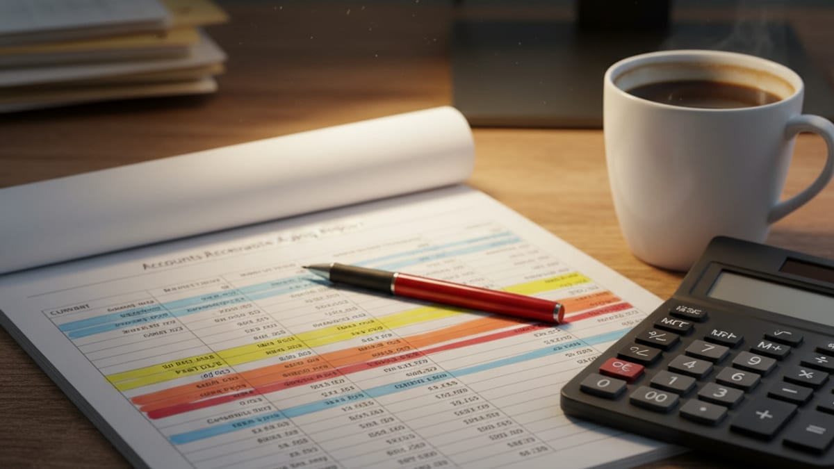 A printed accounts receivable aging report highlighted by bucket on a desk next to a calculator and coffee cup