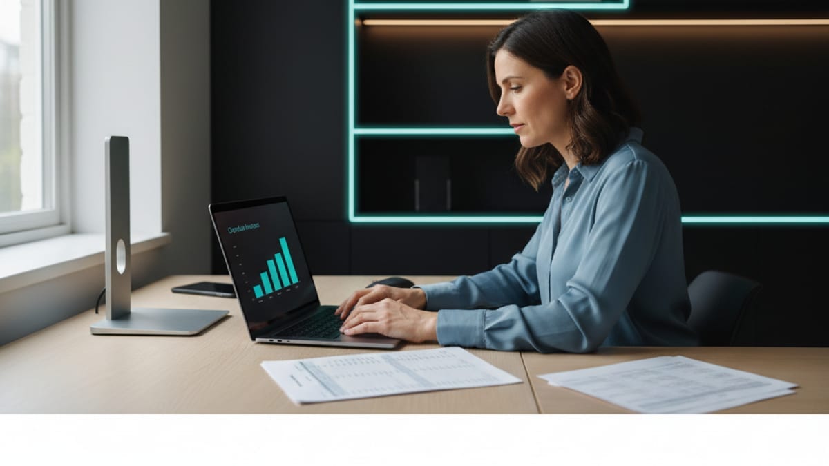 A small business owner at her desk drafting a follow-up email about an overdue invoice with an aging chart on her laptop