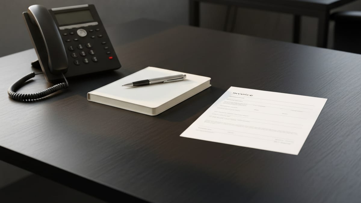A desk phone, notebook and a single printed invoice on an uncluttered desk