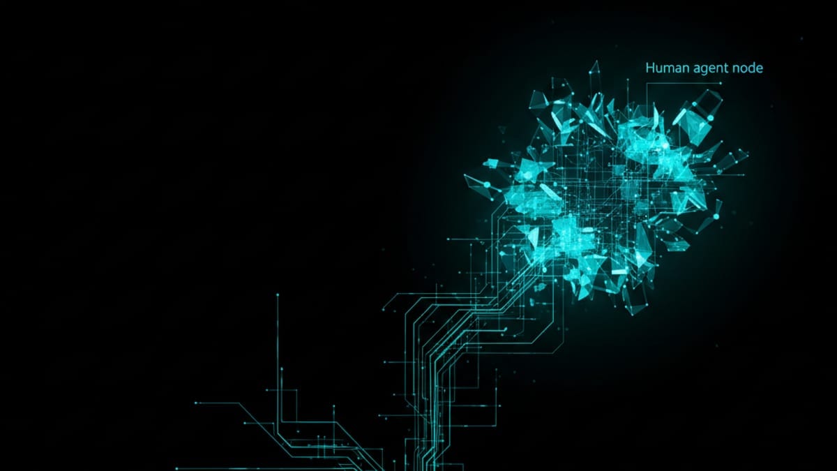 An escalation path where an AI support agent resolves a conversation automatically, then hands off to a highlighted human agent when its confidence drops