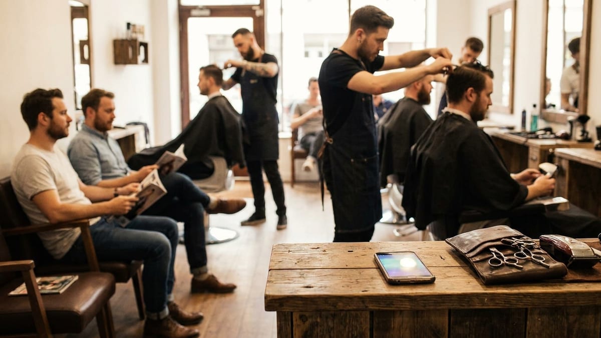 A phone lighting up with a call on the counter of a busy barbershop while every chair is full