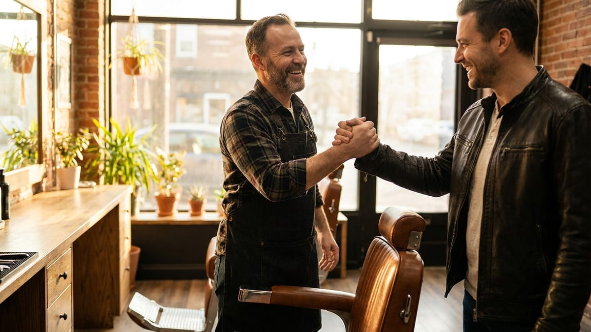 A barber greeting a returning client with a handshake at the chair