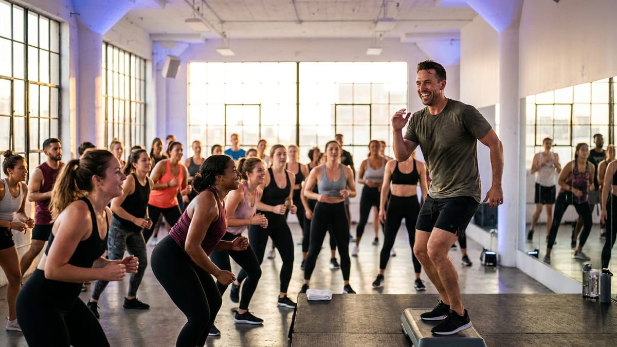 A full group fitness class led by an instructor at a modern gym