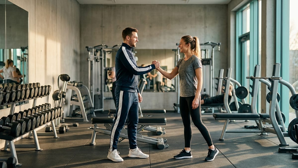 A personal trainer welcoming a returning member on the gym floor