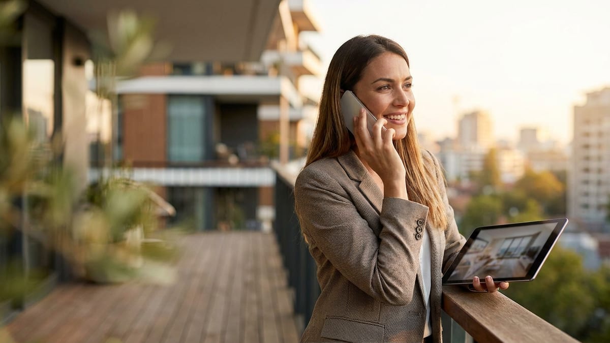 An estate agent on a balcony replying to a buyer enquiry on her phone with a listing open on a tablet