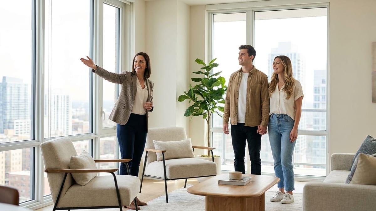 An estate agent showing a couple around a bright modern apartment during a viewing