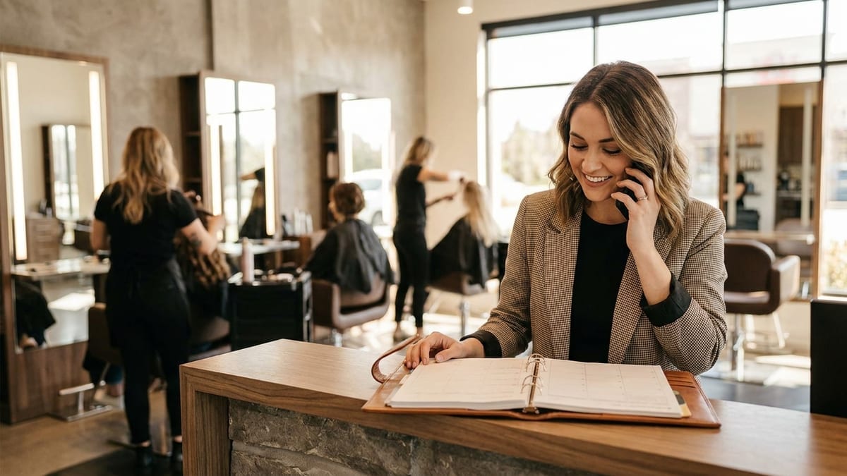A salon receptionist answering the phone at the front desk while checking the appointment book