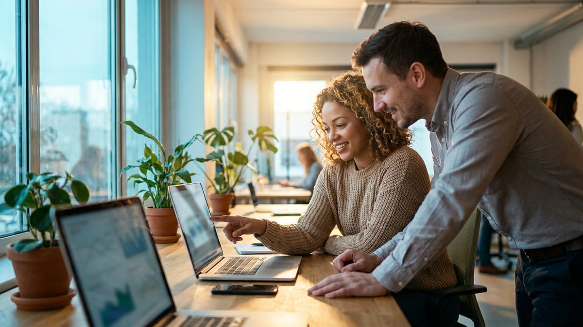 Two support colleagues reviewing something on a laptop together