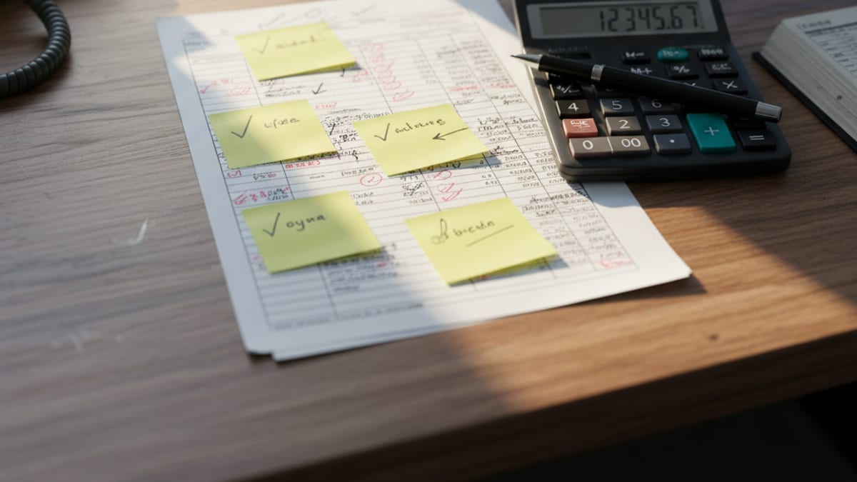 A bank statement marked up with pen check-marks and sticky notes flagging outstanding items, next to a calculator