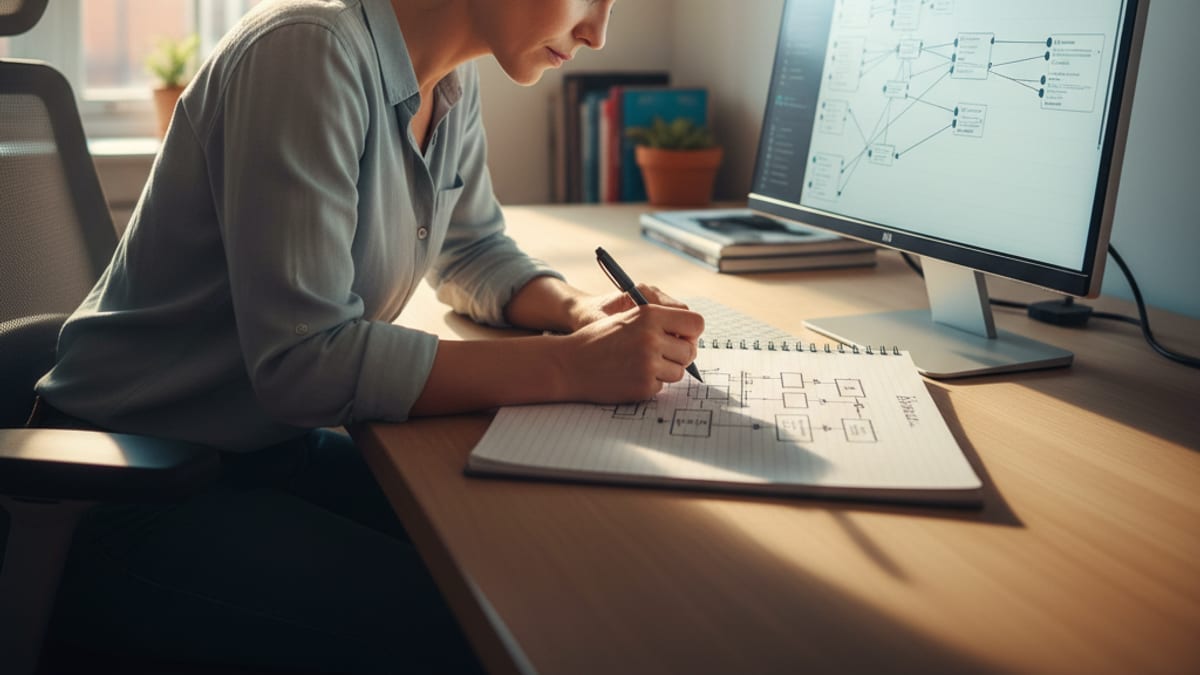 An operations lead sketching a decision flowchart on a paper notepad next to a monitor showing a workflow builder