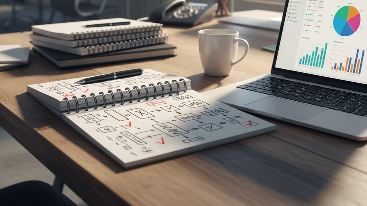 A desk with a notepad of handwritten decision diagrams next to a laptop showing a dashboard
