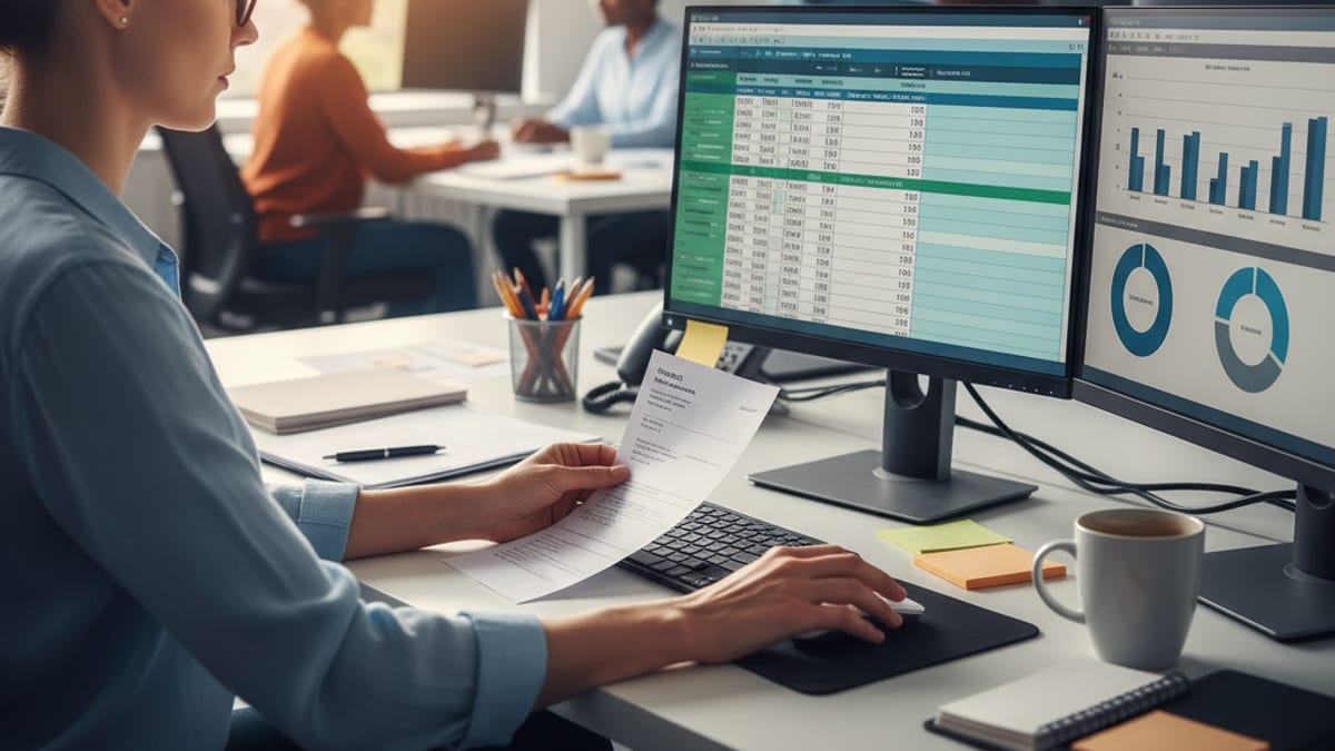 A finance clerk re-keying figures from one system into another across two monitors at a desk
