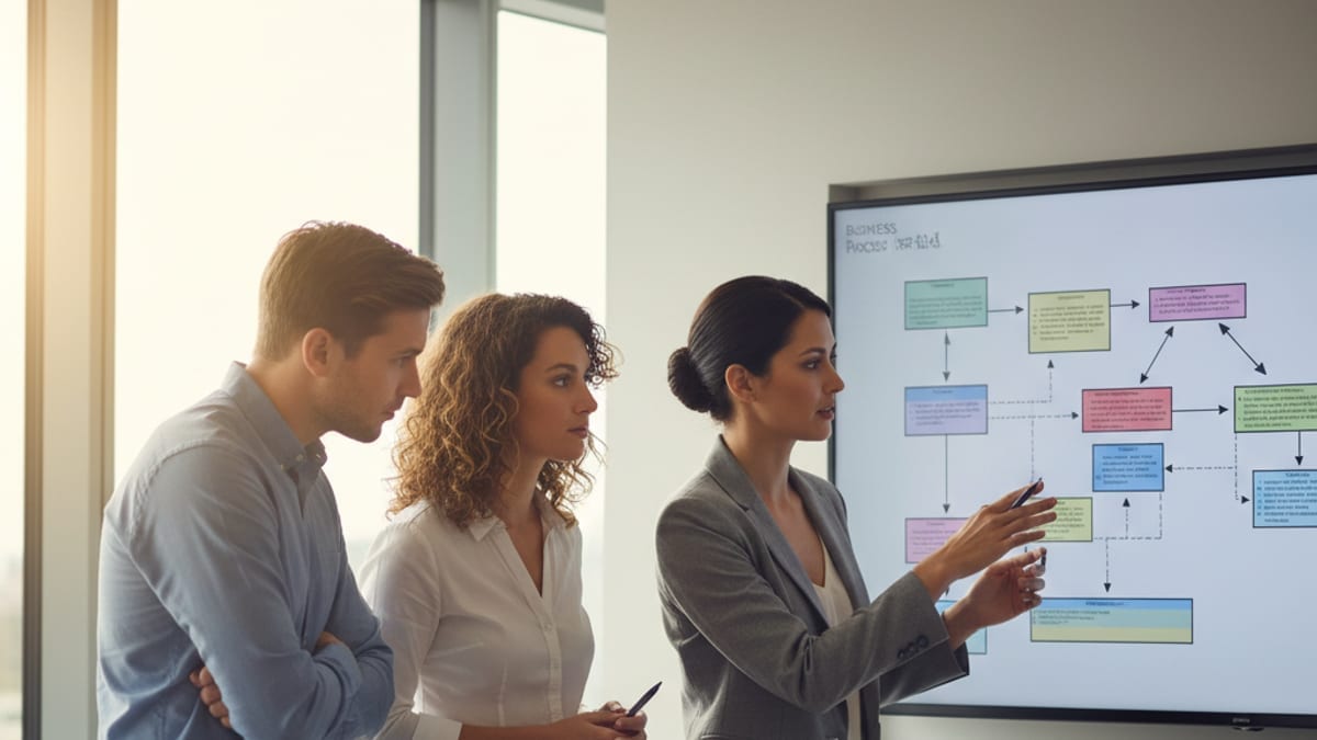 A small team reviewing a process map on a meeting room screen