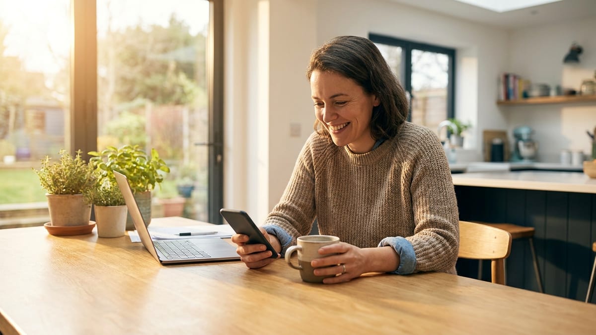 A person confirming something on their phone at a kitchen table