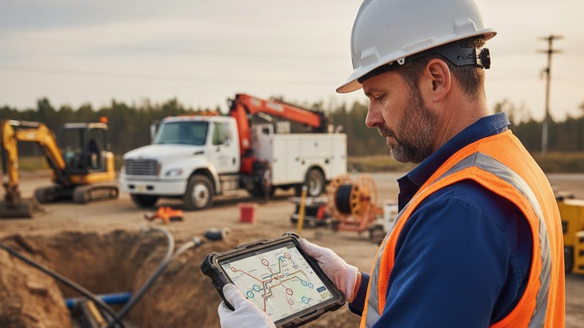 A utility field worker reviewing a pipe and meter location map on a tablet at a job site