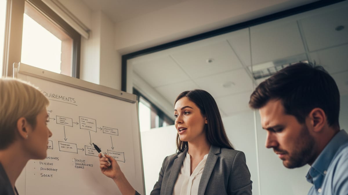 A whiteboard requirements session where a team scopes a custom software development partner's engagement