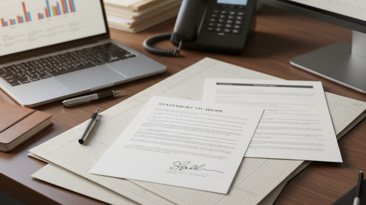 A signed statement of work and a printed project scope beside a laptop on a desk