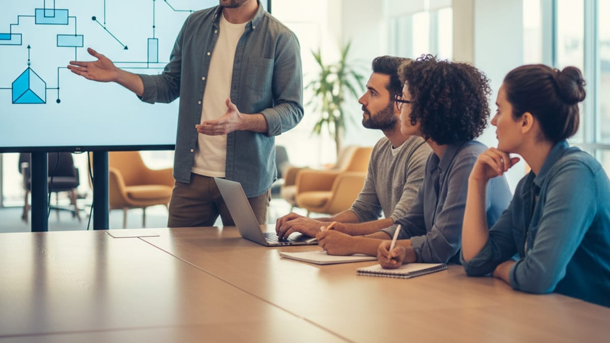 Three colleagues at a meeting table watching a developer explain a system on a screen