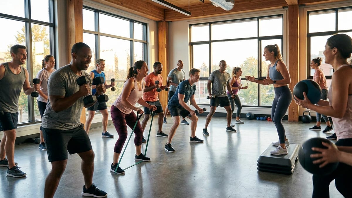 A full, energetic group fitness class at a modern gym