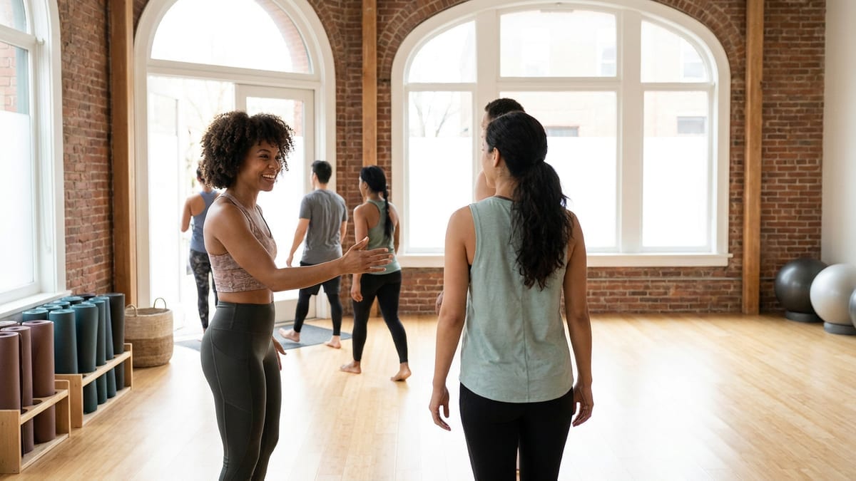 A fitness instructor welcoming members into a class studio