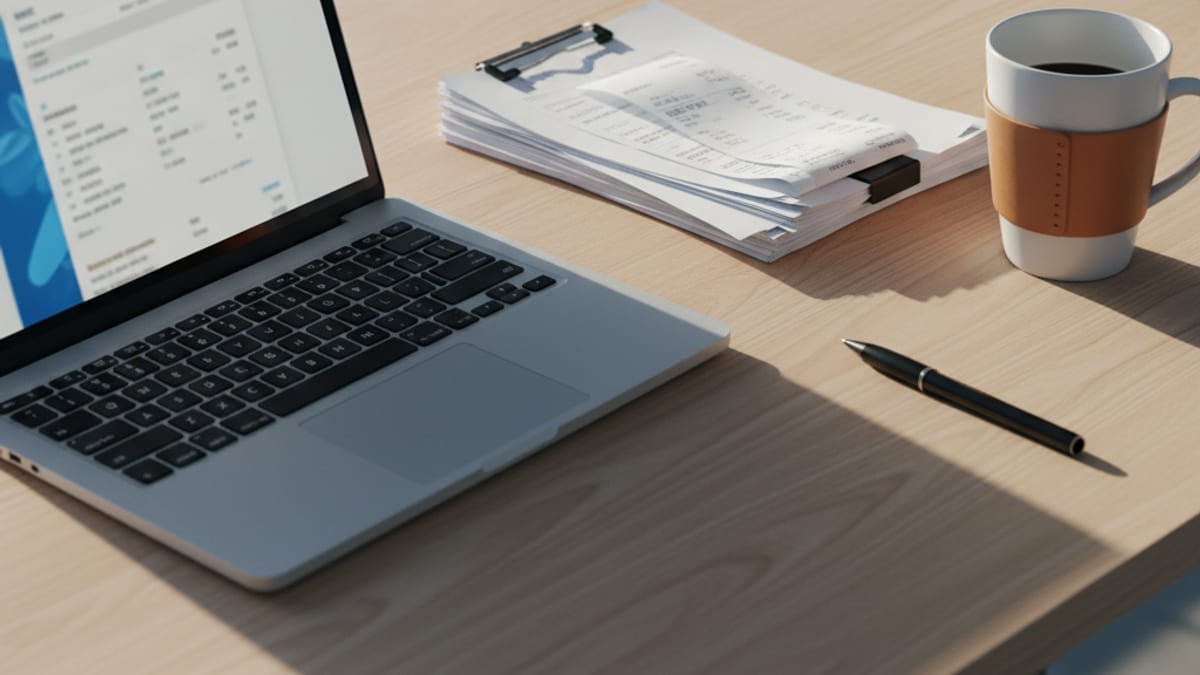 A tidy desk with a laptop showing an accounting invoice, a stack of paper receipts, and a coffee cup