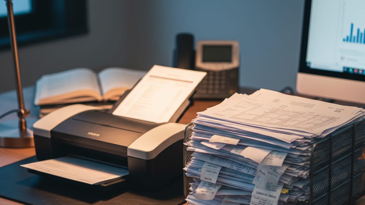 A document scanner beside a tray stacked with supplier invoices and receipts on an office desk