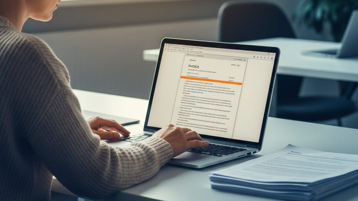 A bookkeeper reviewing an invoice with one line flagged in orange on their laptop screen, a stack of already-processed papers beside them