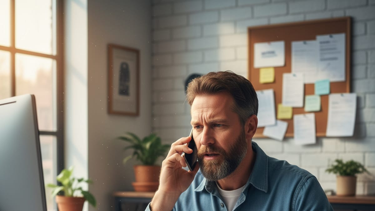 A small business owner on the phone at his desk chasing an unpaid invoice
