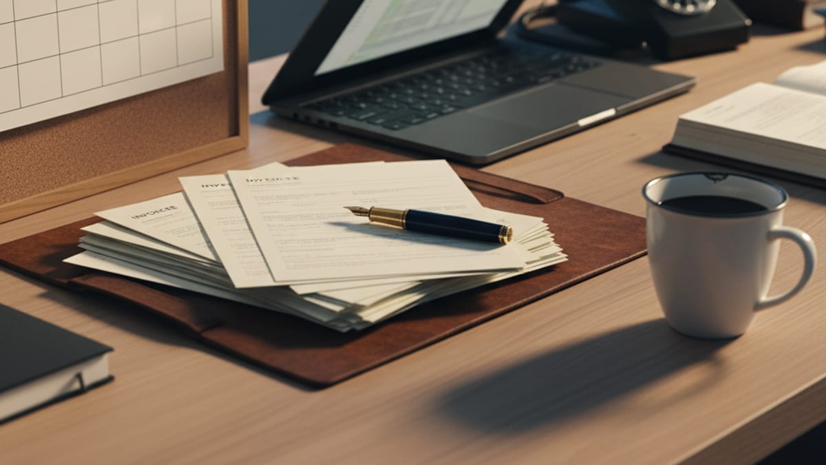 A stack of printed invoices and a wall calendar on a desk at month end