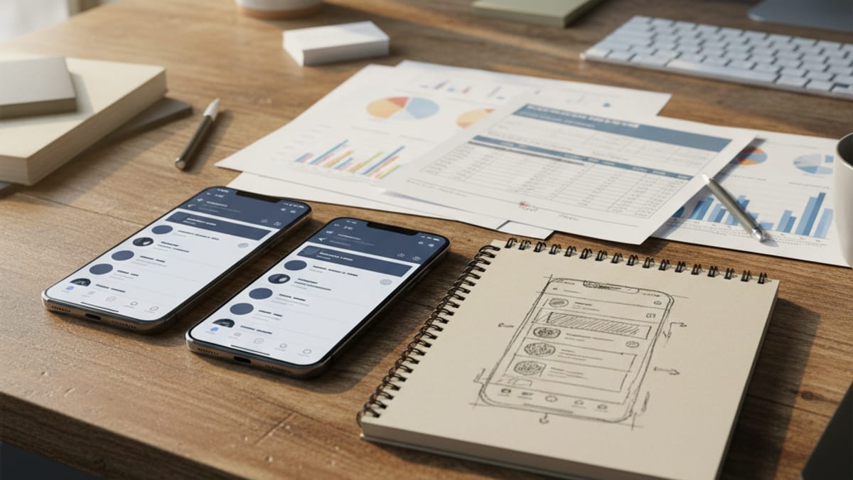 An iPhone and an Android phone lying side by side on a desk showing the same app screen, next to a notebook with a hand-drawn screen layout