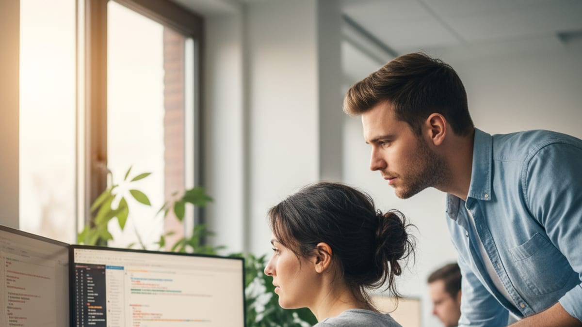 A developer reviewing mobile app code on a dual-monitor desk while a colleague leans in to look at the screen