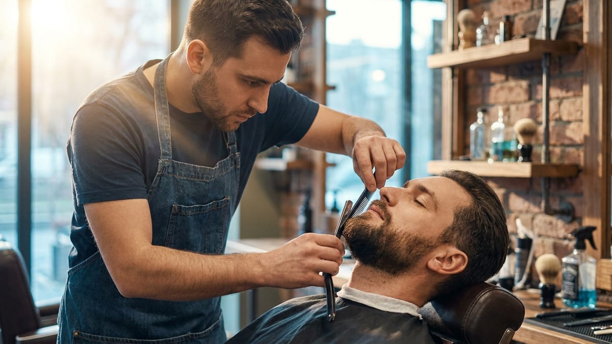 A barber concentrating on a detailed beard trim for a client