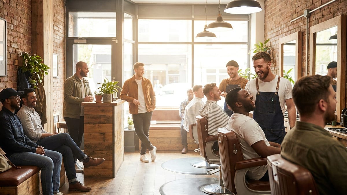A lively modern barbershop with barbers and clients chatting