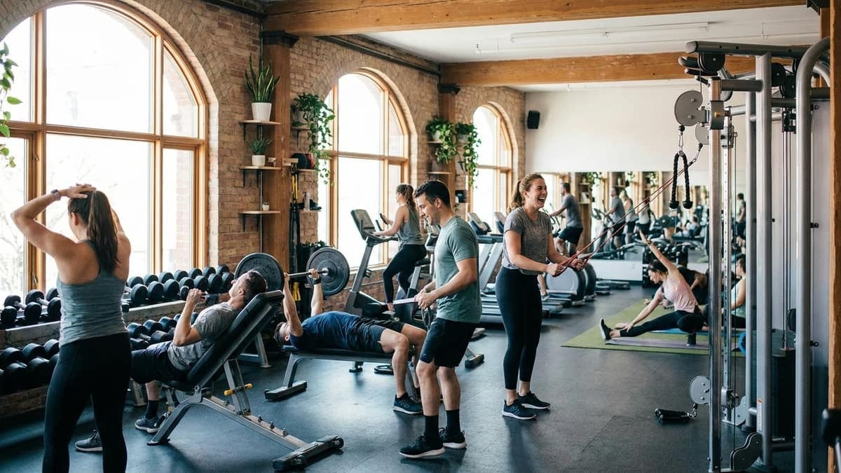 A busy modern gym floor with members training on equipment