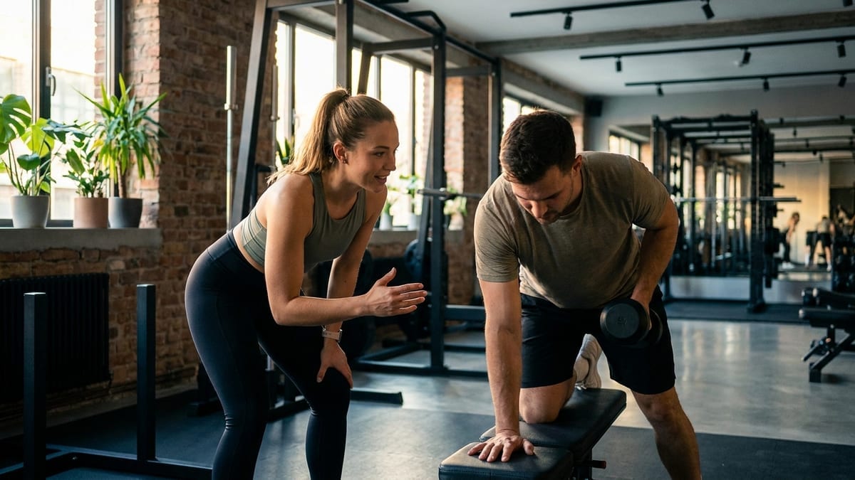 A personal trainer coaching a member through a dumbbell exercise