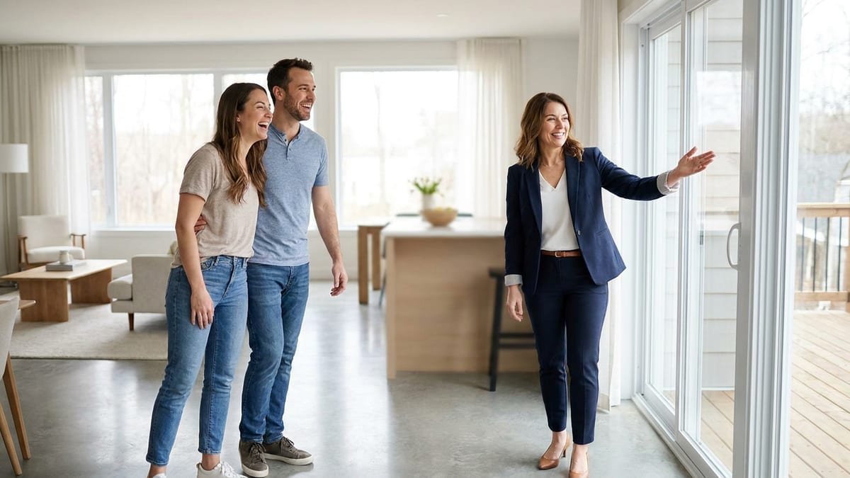 A real estate agent guiding a couple through a bright modern home during a viewing
