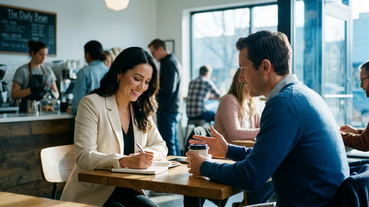 A real estate agent discussing with a client over coffee