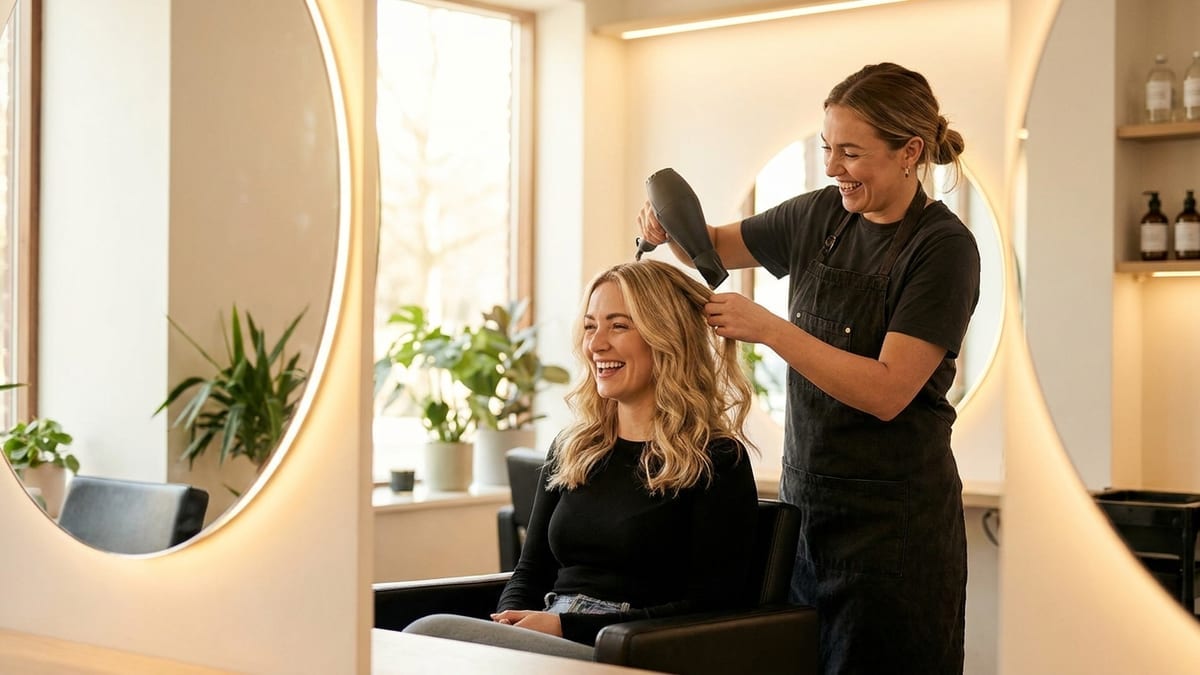 A hairstylist styling a client's hair at a station in a modern salon