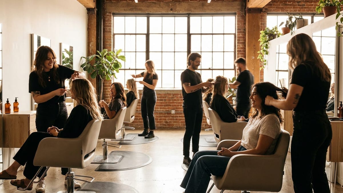 A lively modern salon with multiple stylists and clients