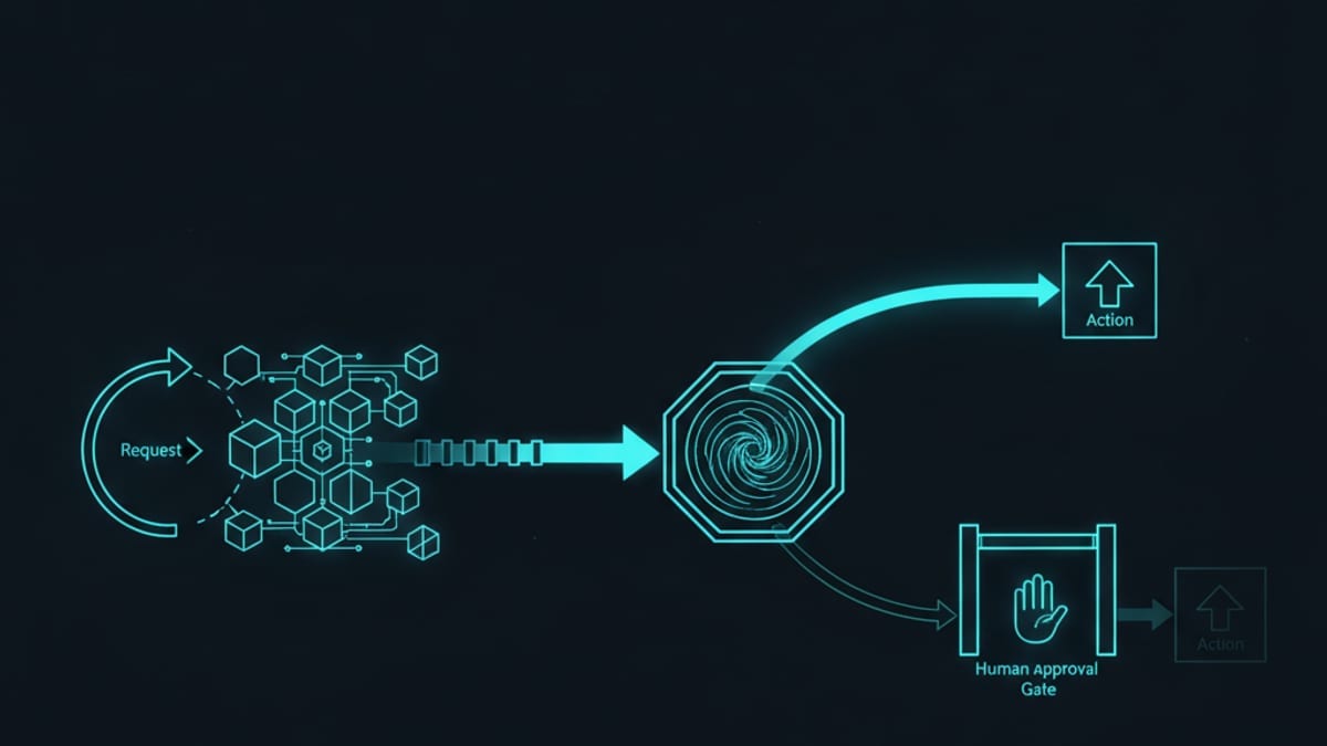 Diagram of an AI agent decision loop: a request flowing through processing nodes to a validation checkpoint, then branching to an action or a human-approval gate