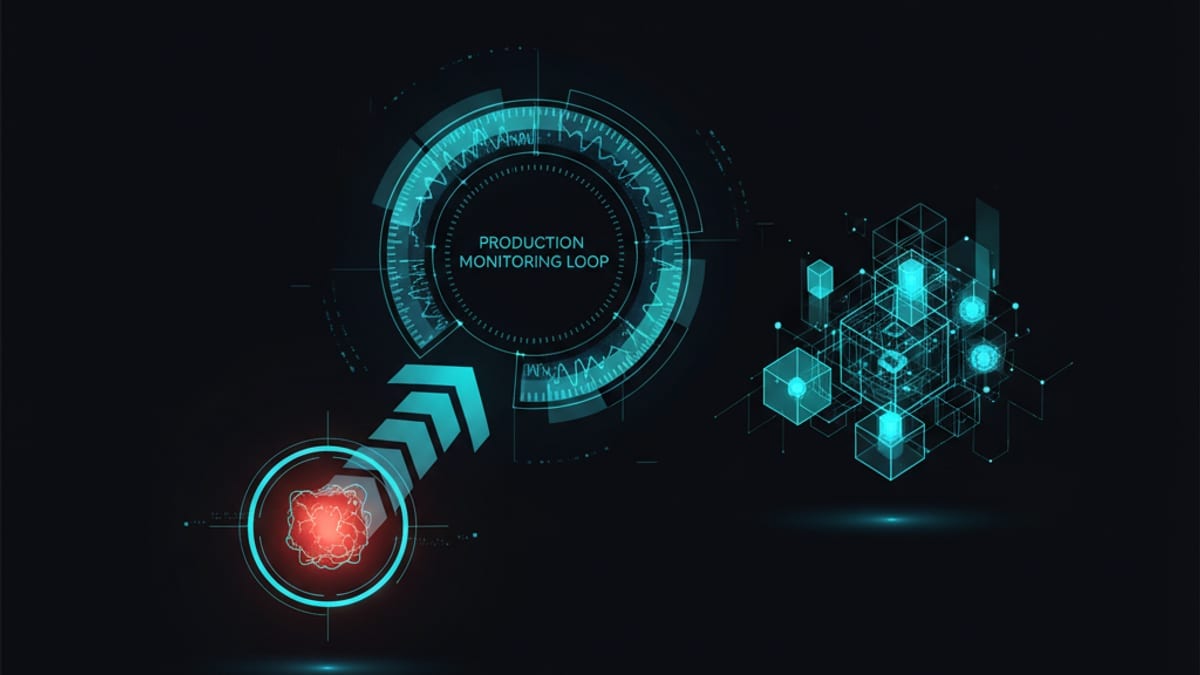 Production monitoring loop watching an AI agent, with glowing gauges and a feedback arrow catching an anomaly before it reaches a live system