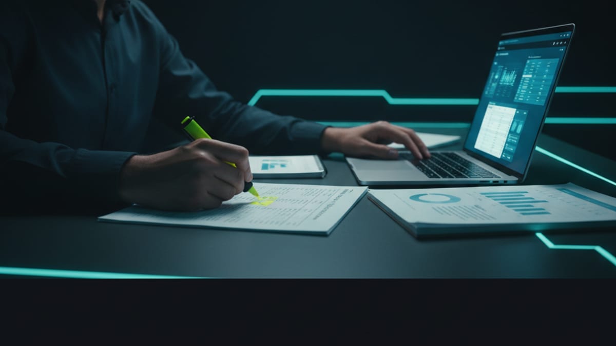 A finance lead comparing a printed bank statement against ledger figures on a laptop at her desk.