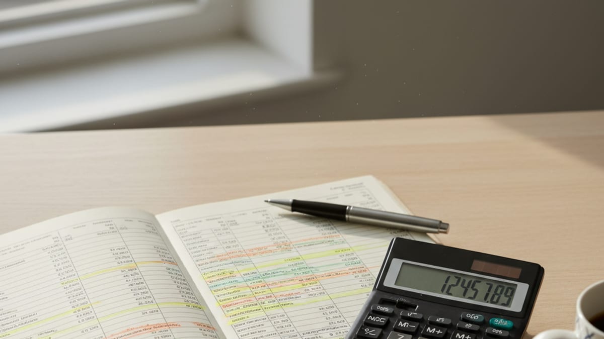 A close-up still life of a calculator, printed ledger pages and highlighted reconciling items on a desk.