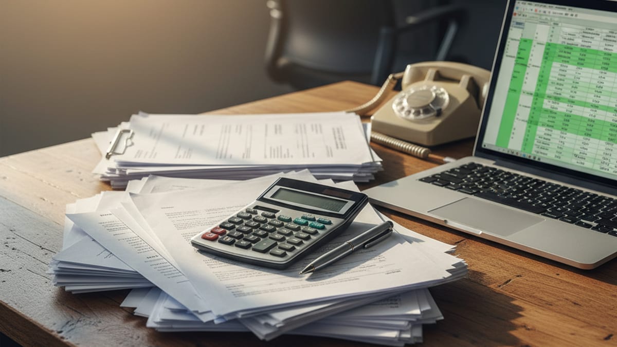 A desk covered in paper invoices next to a laptop and calculator, the kind of manual data entry a process problem creates