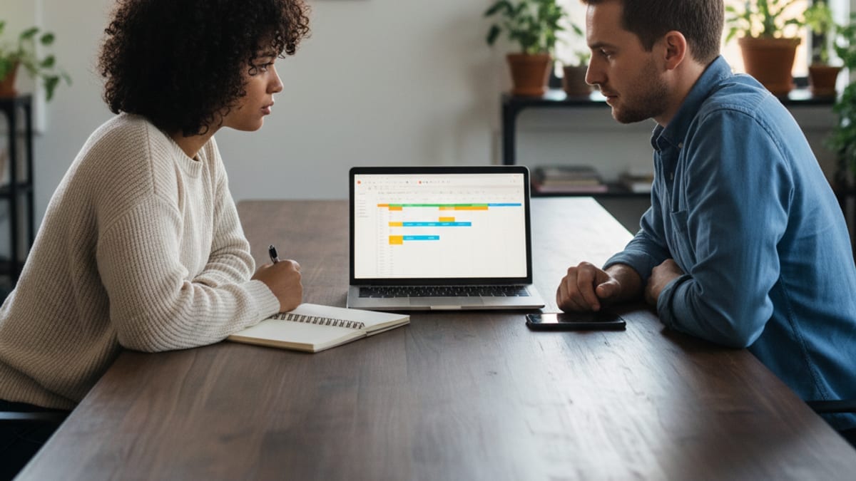 Two small business owners discussing a written service commitment before choosing an IT support provider in Dover